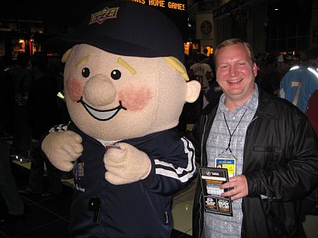 Chris with Upper Deck mascot, Coach Cardman!