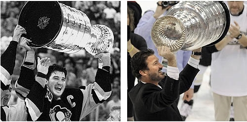 Lemieux hoisting the Cup, then and now. 