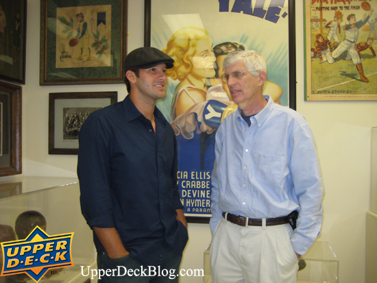 Tony Romo listens to Gary Cypres talk about some of the amazing collection he has amassed at the Sports Museum Los Angeles.