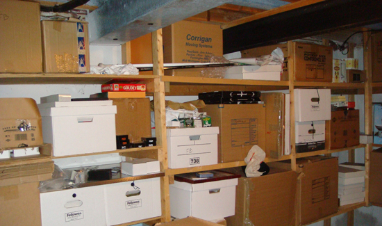 Boxes of thousands of Upper Deck cards Jeff Silverman keeps stored.