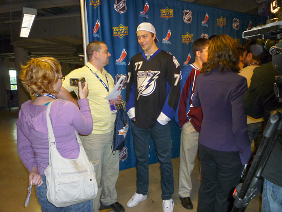 Victor Hedman of the Tampa Bay Lightning greets the press.