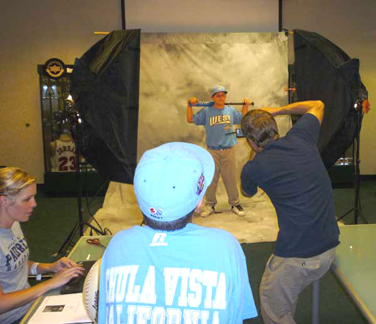 Portrait Time: Park View Little League All-Star Jensen Peterson strikes a pose for his new Upper Deck baseball card.