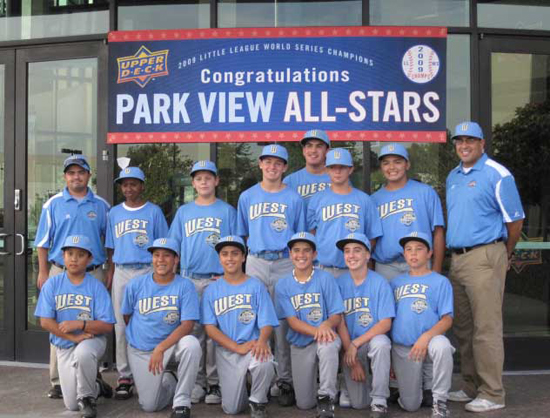 The Gang’s All Here: The entire 12-player Park View All-Stars Little League lineup, plus manager Oscar Castro, left, and coach Ric Ramirez, pose in front of Upper Deck headquarters following their individual trading card shoots.