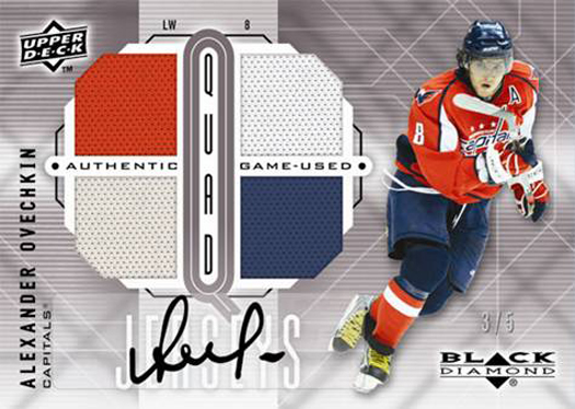 An Alexander Ovechkin autograph game-used jersey card from an upcoming Upper Deck NHL set