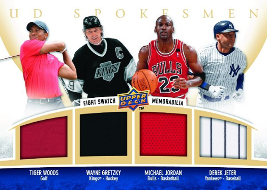 A rare game-used memorabilia card from Upper Deck of Tiger Woods, Wayne Gretzky, Michael Jordan and Derek Jeter