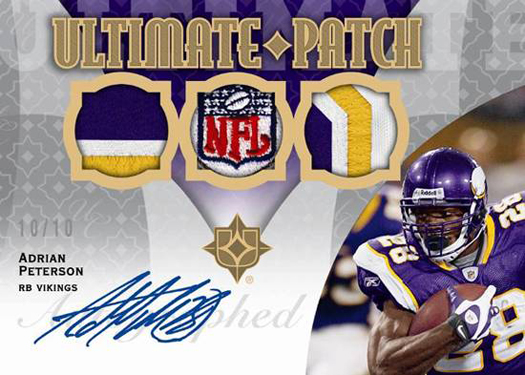 A 2009 Upper Deck NFL Ultimate Patch card of Adrian Peterson