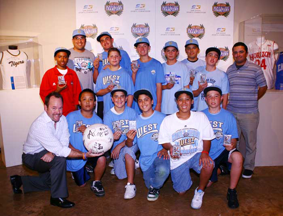 TEAM PHOTO: The Park View All-Stars show off their Upper Deck cards with UD PR Manager Terry Melia in tow.