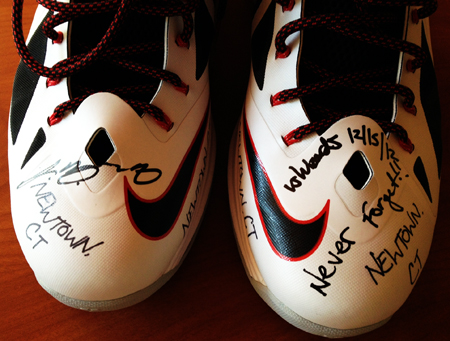 LeBron-James-Upper-Deck-Authenticated-Signing-Session-Newtown-CT-Victims-Shoes-Front-Never-Forget