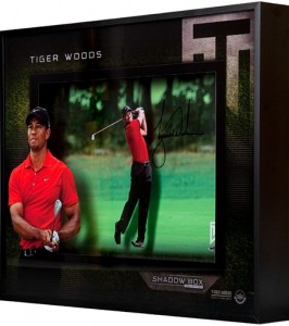 tiger woods autographed approach shadowbox 82212 major champion red shirt