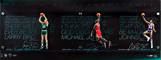 Michael Jordan, Magic Johnson and Larry Bird Autographed Franchise Cornerstone Display