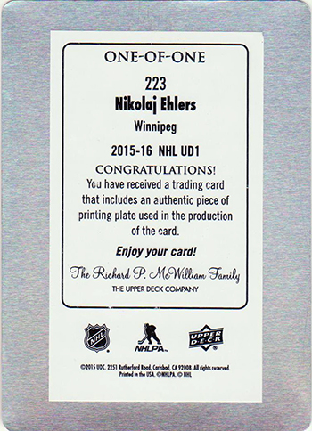 2015-16-Upper-Deck-Young-Guns-Printing-Plate-Back-Nikolaj-Ehlers-Rookie-Card