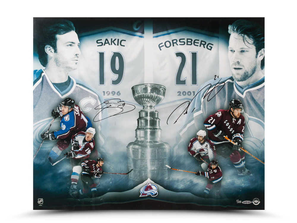 Joe Sakic and Peter Forsberg Dual Autographed 2x Champs 20”x24” image