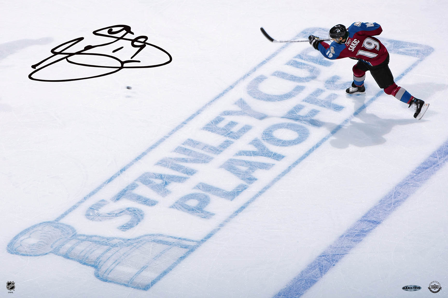 Joe Sakic Autographed Playoff Hockey 16”x24” image