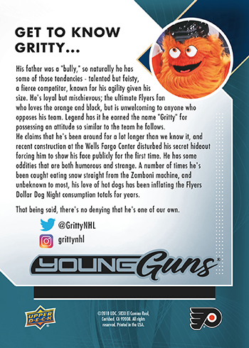 2017-18-NHL-Upper-Deck-Young-Guns-Rookie-Card-Philadelphia-Flyers-Mascot-Gritty-Back