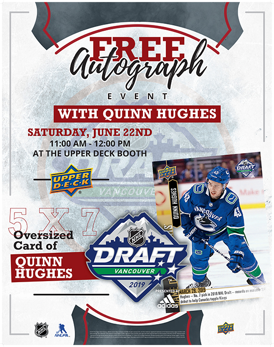 2019 upper deck nhl draft quinn hughes autograph signing