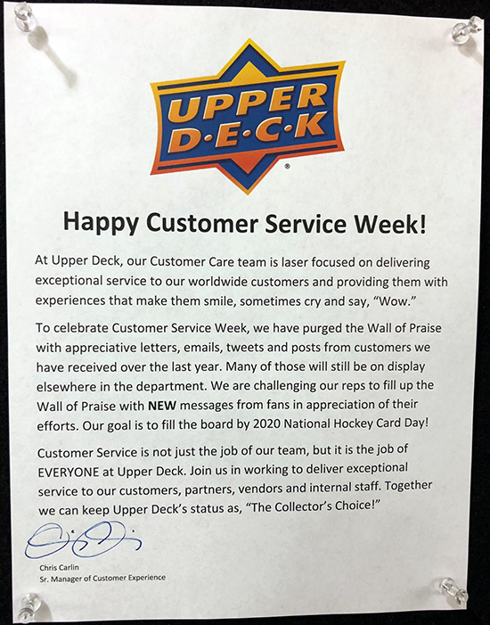 upper deck wall of praise customer service care experience week thank you notes cards