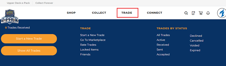main menu of upper deck e-pack, highlighting the trade tab
