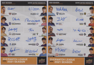 shows two cards, each with ten player autographs from the 2021 Overwatch League season