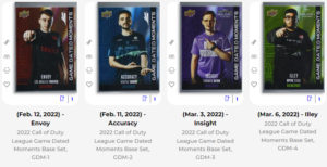 call of duty league game dated moments cards available on upper deck e-pack. the four cards shown are Envoy, Accuracy, Insight, and Illey