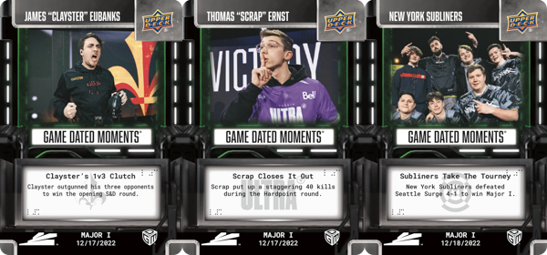 three call of duty league game dated moments cards: "Clayster's 1v3 clutch", "scrap closes it out", and "Subliners take the tourney"