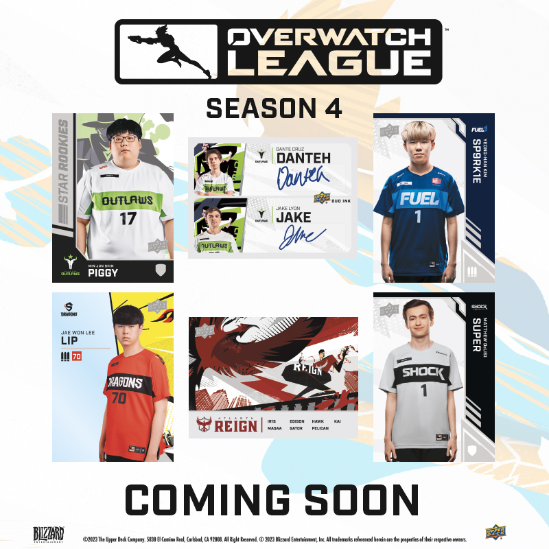 graphic with text "Overwatch League Season 4 coming soon" and 6 images of trading cards. Star Rookies featuring Piggy of the Houston Outlaws, Duo Ink card featuring Danteh and Jake of the Houston Outlaws, base trading cards of SP9RK1E of the Dallas fuel and super of the San Francisco Shock, Team Checklist of the Atlanta Reign, and Infra-Sight of Lip from the Shanghai Dragons