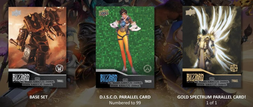 Three trading cards featured; Base set of Thrall from Warcraft, DISCO Parallel numbered to 99  of Tracer from Overwatch, and Gold Spectrum Parallel 1 of 1 featuring Tyrael from Diablo