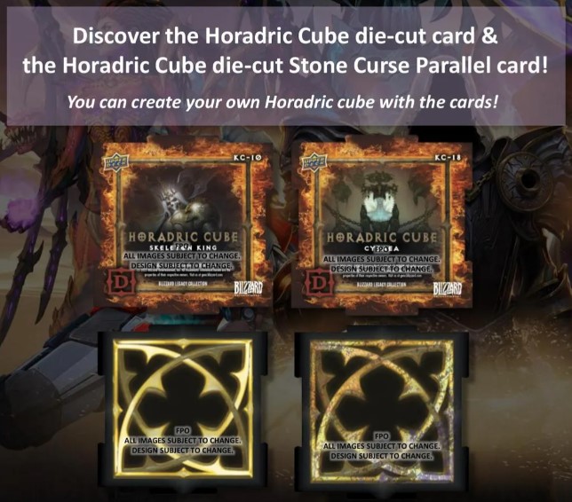 "Discover the Horadric Cube die-cut card & the Horadtric Cube die-cut Stone Curse Parallel card! You can create your own Horadric cube with the cards!" includes 4 images of Horadric Cube cards