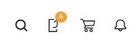 Four icons shown: a magnifying glass, a rectangle with an up arrow that has the number 4 in an orange circle above it, a cart, and a bell.