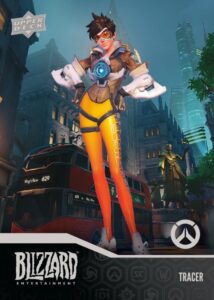 Overwatch character Tracer on trading card with silver foiling