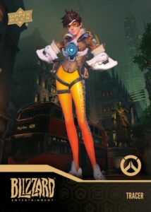 Overwatch character Tracer on a trading card with gold foiling. 