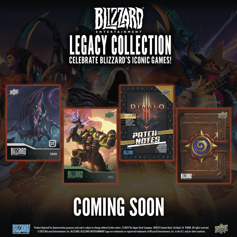 Top text reads: Blizzard Entertainment Legacy Collection. Celebrate Blizzard Entertainment's Iconic games! 
Middle images: Stalker from Starcraft, Thrall from Warcraft, Diablo Patch Notes card, and Hearthstone Innkeepers Collection card.
Bottom text reads: Look for special foil variants, patch notes cards, Hearthstone Innkeepers Collection Mini-cards, and more!